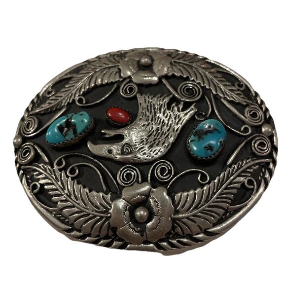 Southwestern Eagle Turquoise & Coral Belt Buckle s-l400.jpg main image 2